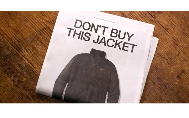 Picture of a Patagonia advertisement in the New York Times that reads, "Don't Buy This Jacket."